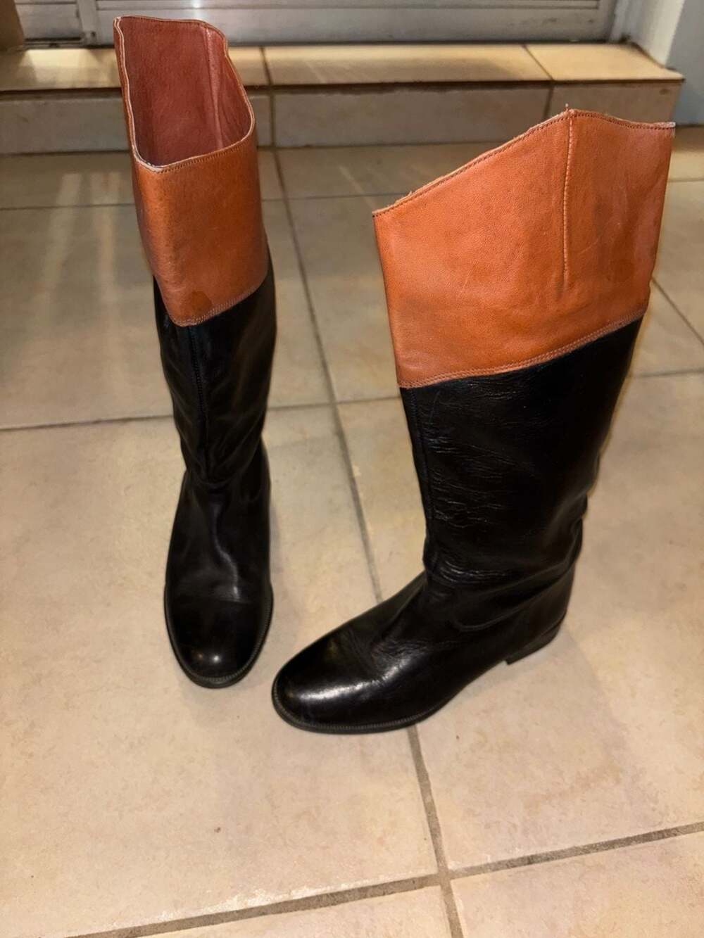 Andre Assous Vintage Knee High Black and Saddle Brown Leather Rounded Toe